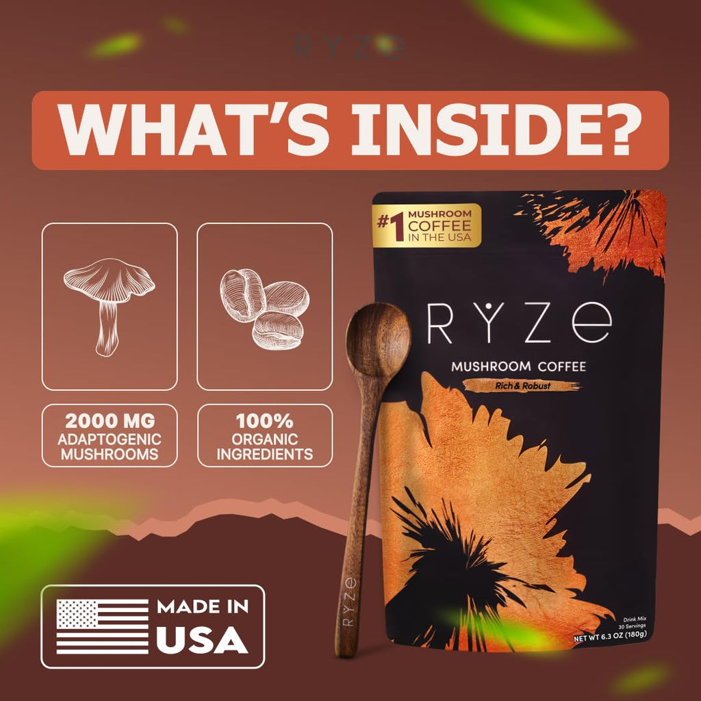 RYZE SUPERFOODS Mushroom Medium Roast Coffee USDA Organic with 6 Adaptogenic Mushrooms, USA Grown Instant Coffee for Better Energy, Focus Digestion Immunity with Lions Mane & Turkey Tail 30 Servings