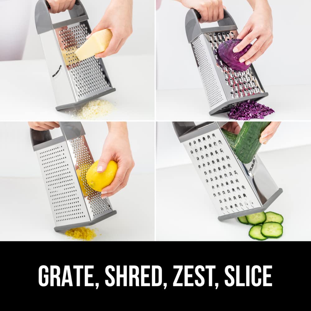 GORILLA GRIP 4-Sided Stainless Steel Cheese Grater With Container, 100% BPA-Free Box Grater, Slip Resistant Base and Handle, Grate Parmesan, Hard Cheeses, Shred Vegetables, Dishwasher Safe, Black