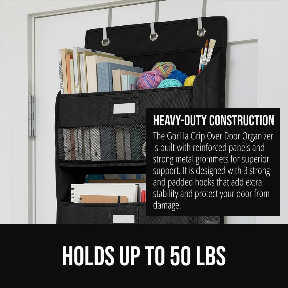 GORILLA GRIP Over the Door Shoe Organizer, 24 Large Breathable Mesh Pockets, Space Saving Hanging Storage Holder, Closet Rack Hanger Holds Up to 40 lbs, Hangs on Closets for Shoes, Accessories, Black