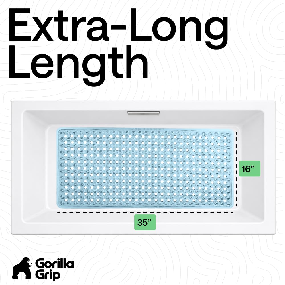 GORILLA GRIP Patented Bath Tub Shower Mat, Machine Washable Bathtub Floor Liner Mats, Suction Cups and Drain Holes to Keep Tubs Clean, Soft on Feet, Bathroom Essentials, 35x16 Inch, Clear