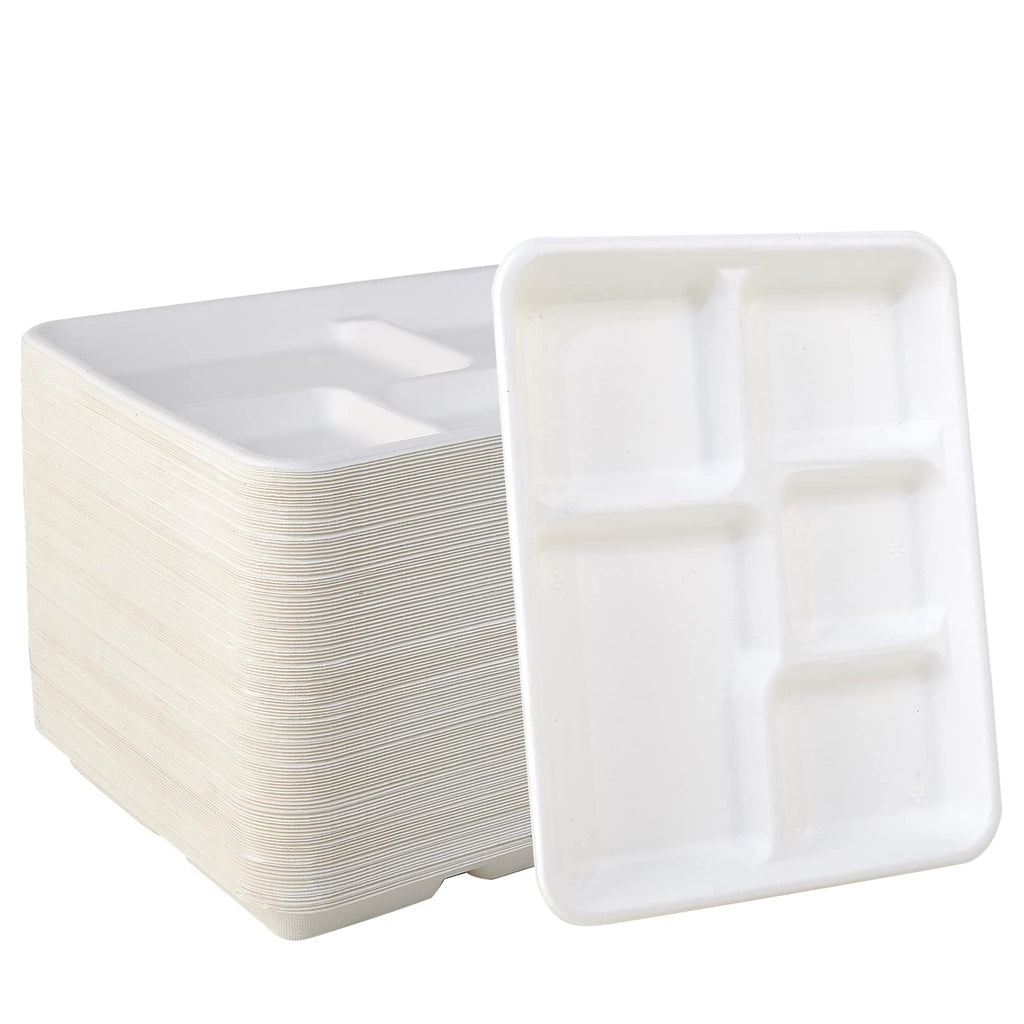 Vplus 100% Compostable 6 Compartment Plates, 90 Pack Compartment Paper Plate, 12.5x8.6 inch Disposable School Lunch Trays, Eco-Friendly Bagasse Plates for School Lunch, Buffet, and Party