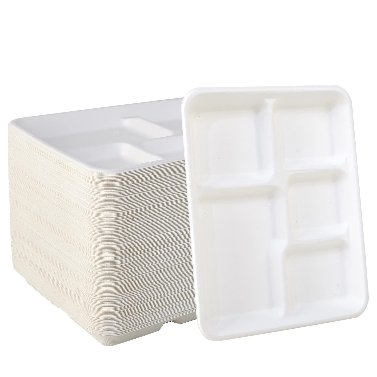 Vplus 100% Compostable 6 Compartment Plates, 90 Pack Compartment Paper Plate, 12.5x8.6 inch Disposable School Lunch Trays, Eco-Friendly Bagasse Plates for School Lunch, Buffet, and Party