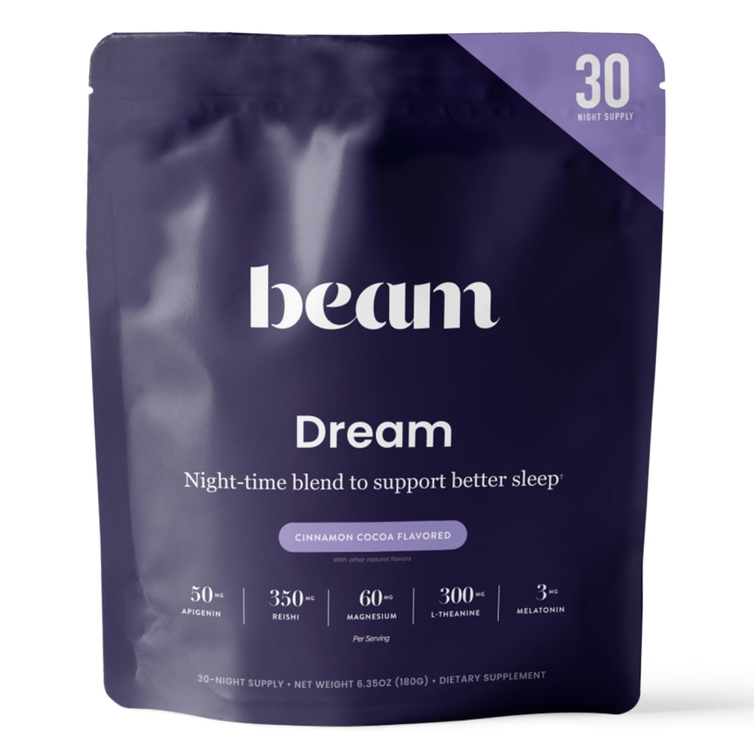 Beam Dream Sleep Powder – Sleep Aid for Adults with Melatonin, Magnesium, L-Theanine, Reishi Mushroom & Apigenin Sleep Supplement, Sleepy Cocoa Bedtime Drink Mix, Brownie Batter Flavor, 30 Servings