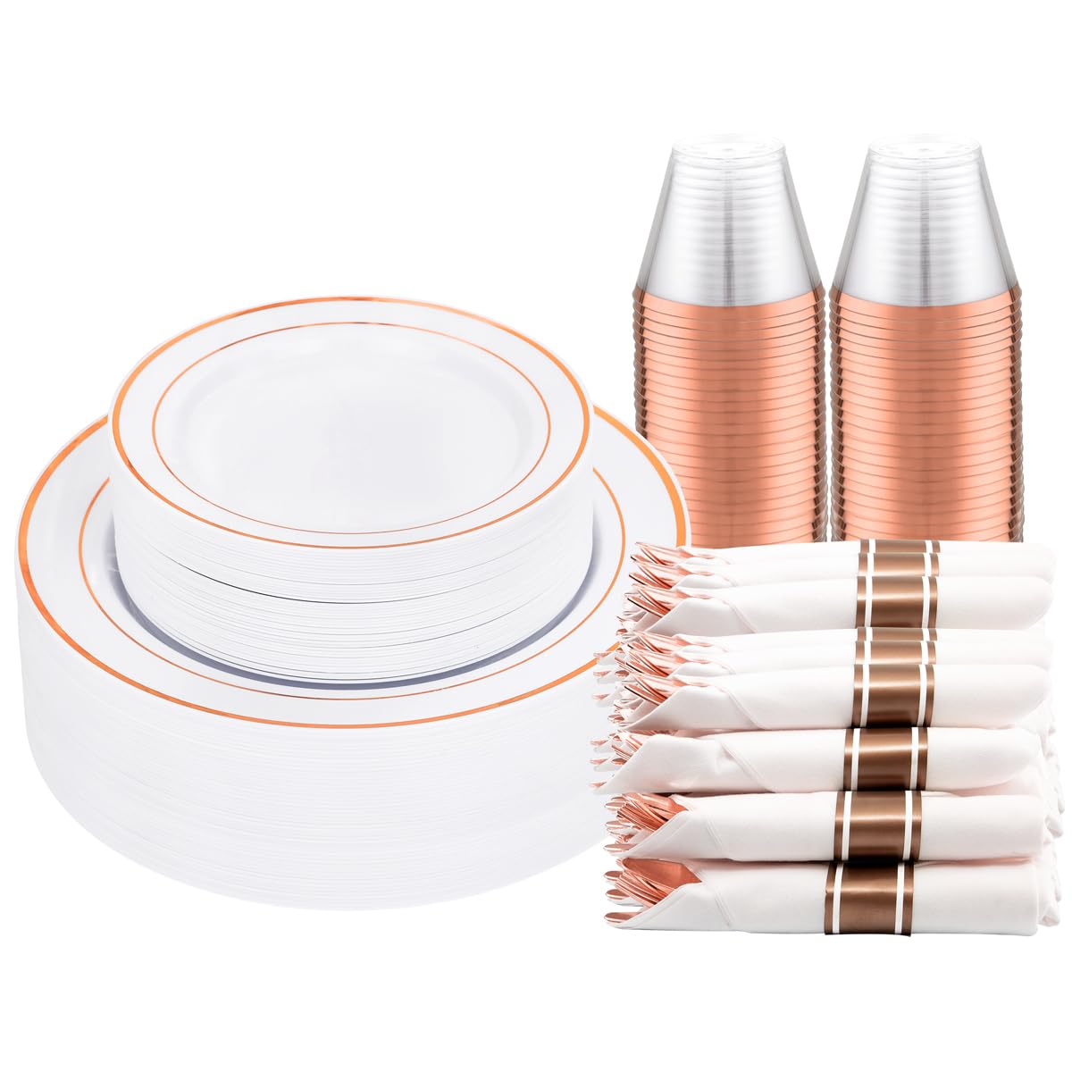 DaYammi 350PCS Gold Plastic Dinnerware Set for 50 Guests, Fancy Disposable Plates for Party, Include: 50 Dinner Plates, 50 Dessert Plates, 50 Pre Rolled Napkins with Gold Silverware, 50 Cups