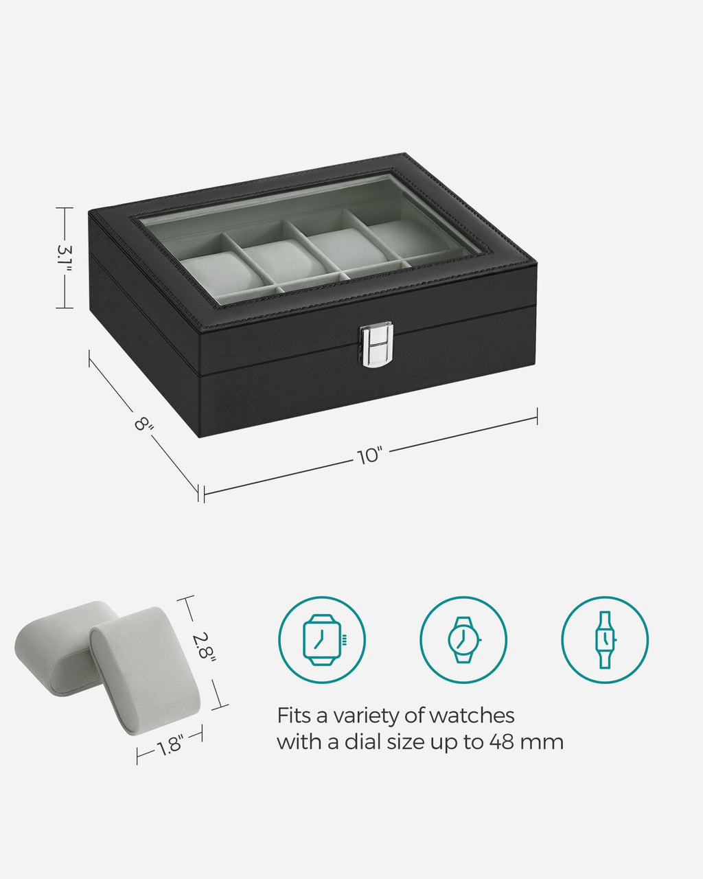 SONGMICS Watch Box, 12-Slot Watch Case Organizer with Large Glass Lid, Removable Pillows, Gift for Loved Ones, Black Synthetic Leather, Gray Lining UJWB12BK