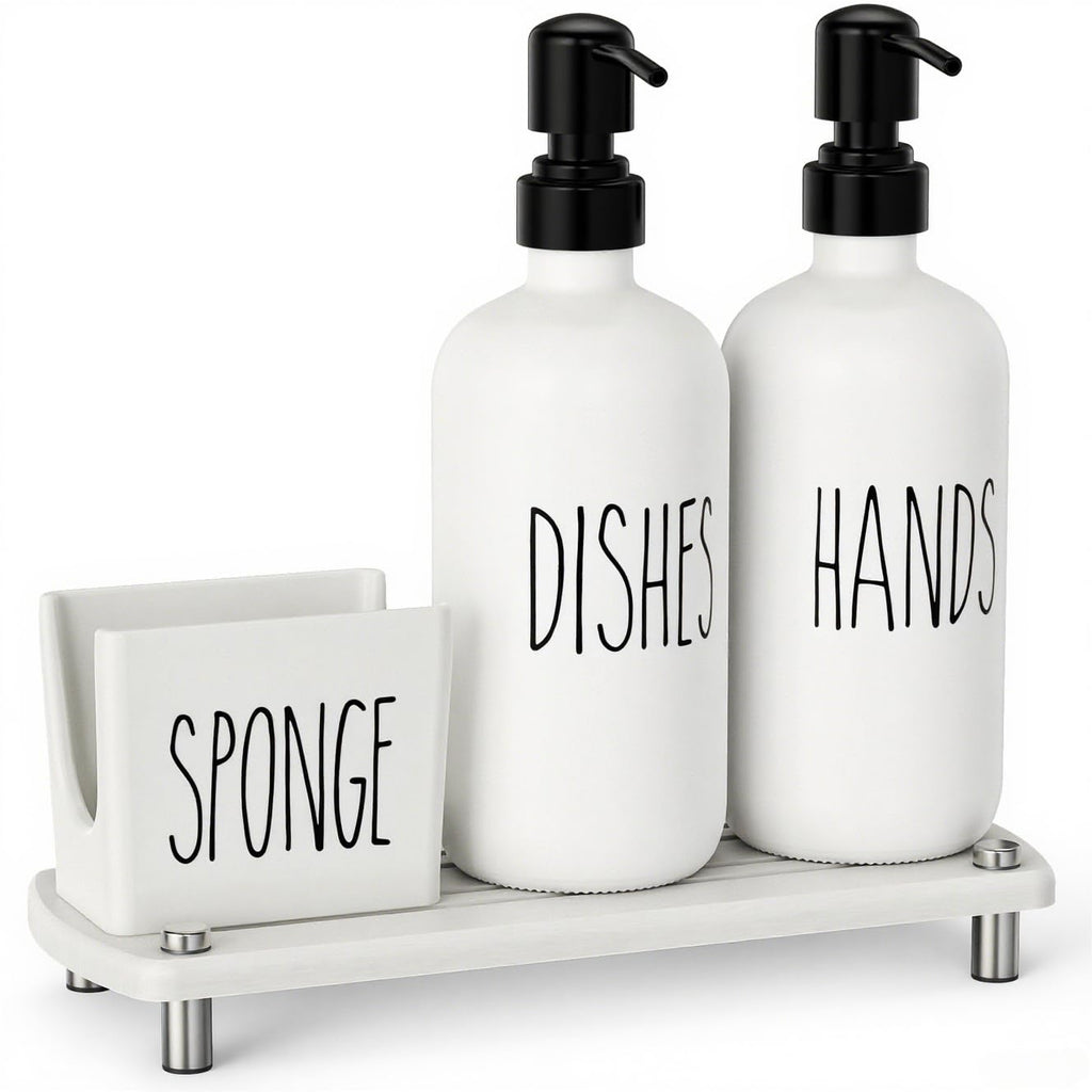 Cisily Kitchen Soap Dispenser Set Comes with Ceramics Sponge Holder, Gold Pumps, and Instant Dry Tray, Hand and Dish Soap Dispenser Set (4, Gold + White + Sponge Holder)