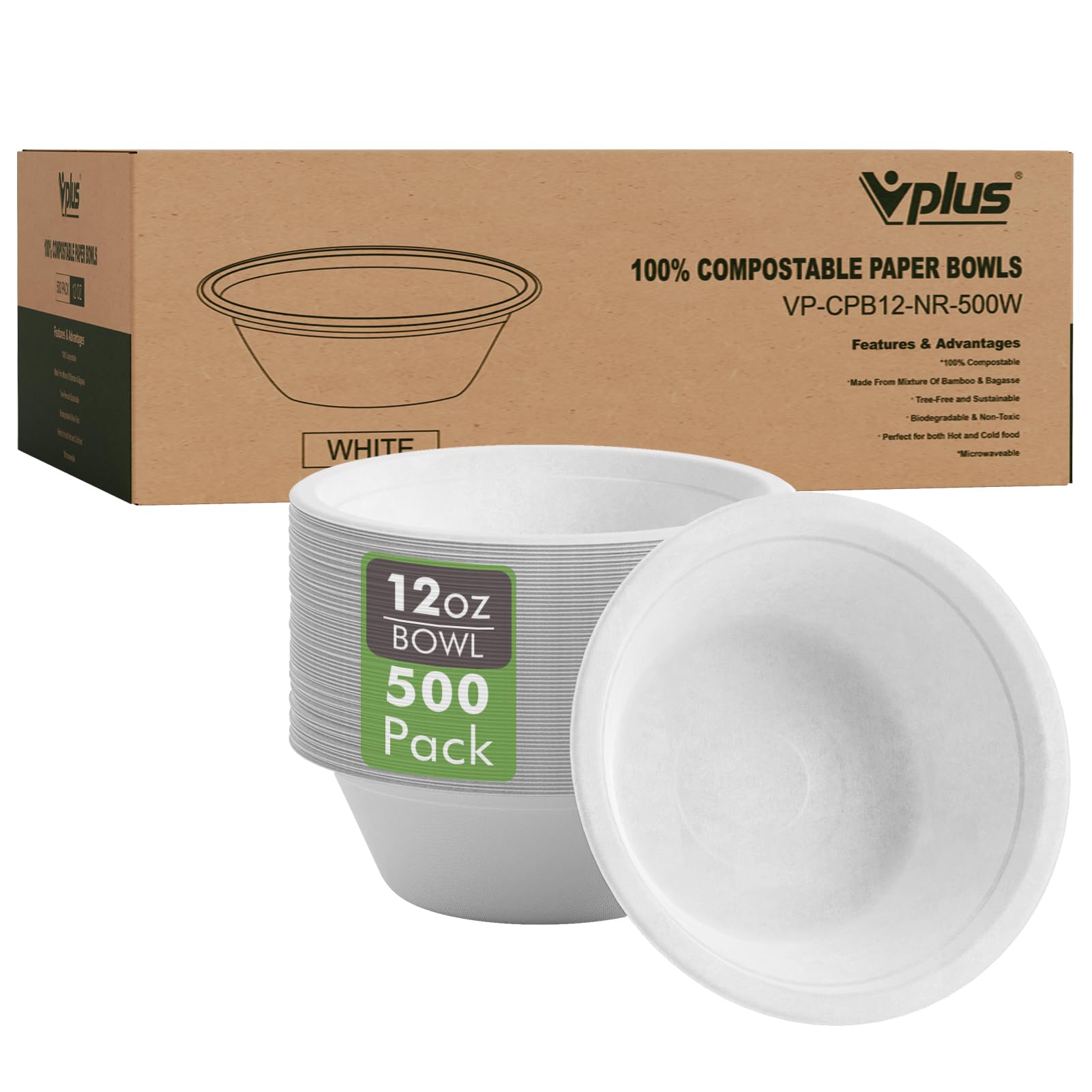 Vplus 500 Pack 12 OZ Paper Bowls Bulk, Disposable Compostable, Eco-friendly Bagasse, Heavy-duty Bowls Perfect for Milk Cereals, Snacks, Salads