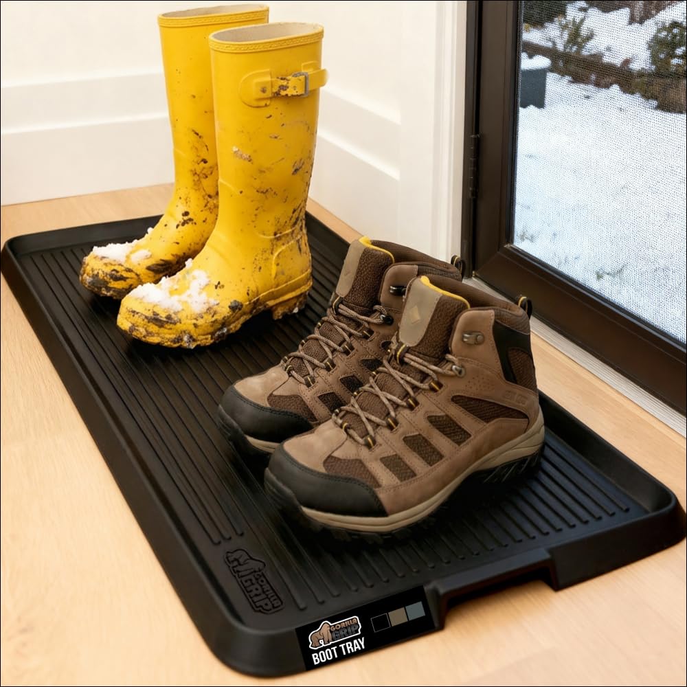 GORILLA GRIP Natural Rubber Indoor Outdoor Boot Tray for Shoes, 32x16, Waterproof Winter Mat with Raised Edges, Handles, Tear Resistant Heavy Duty Home Garage Floor Mats, Easy Clean Shoe Trays, Black
