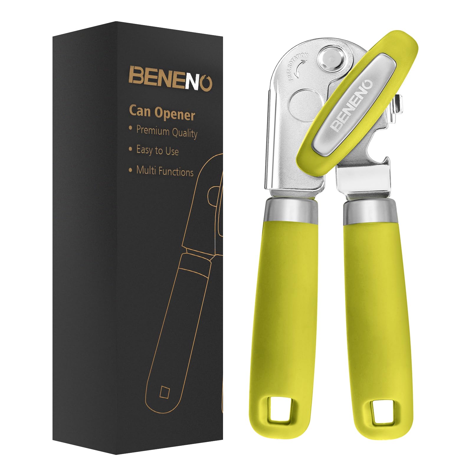 Beneno Heavy Duty Hand Can Opener Manual with Magnet, Durable Sharp Carbon Steel Blade Smooth Cutting, Big Effort-Saving Knob & Soft Grip Handle, Multifunctional Kitchen Tool with Bottle Opener, Green