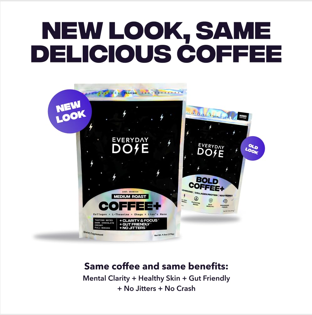 Everyday Dose Bold Medium Roast Mushroom Coffee 90mg Caffeine per serving with Grass-Fed Collagen, Chaga, Lions Mane & L-Theanine for Better Focus, Energy, Digestion, Skin, and Immunity 30 Servings