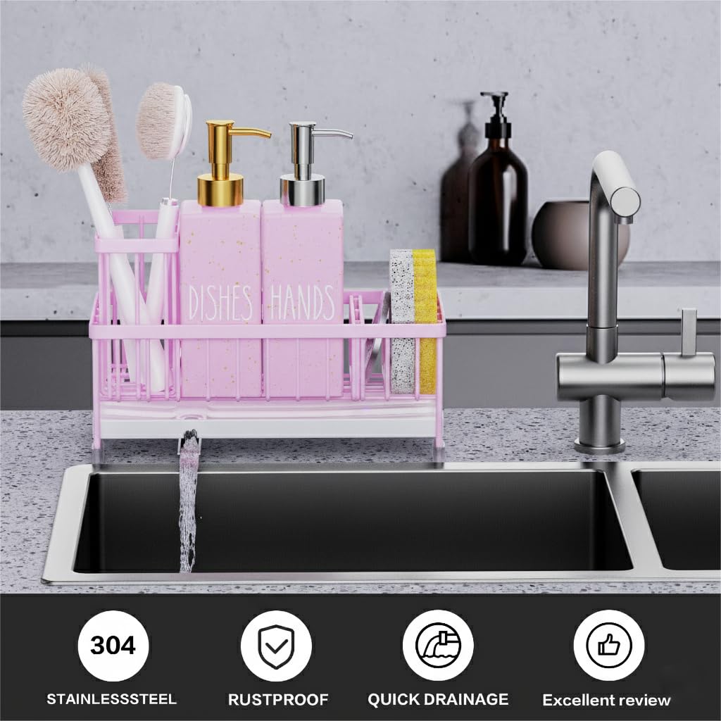 Cisily Juego de dispensador de jabón de cocina con organizador para fregadero, botella de vidrio de 12 onzas, dispensador de jabón para manos y platos con soporte para esponja, accesorios organizadores de fregadero de cocina de acero inoxidable negro