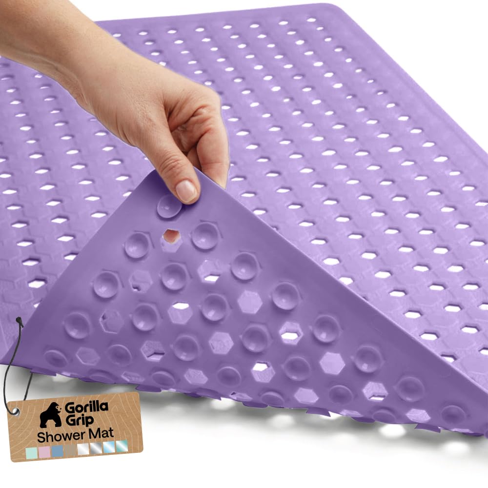 GORILLA GRIP Patented Bath Tub Shower Mat, Machine Washable Bathtub Floor Liner Mats, Suction Cups and Drain Holes to Keep Tubs Clean, Soft on Feet, Bathroom Essentials, 35x16 Inch, Clear