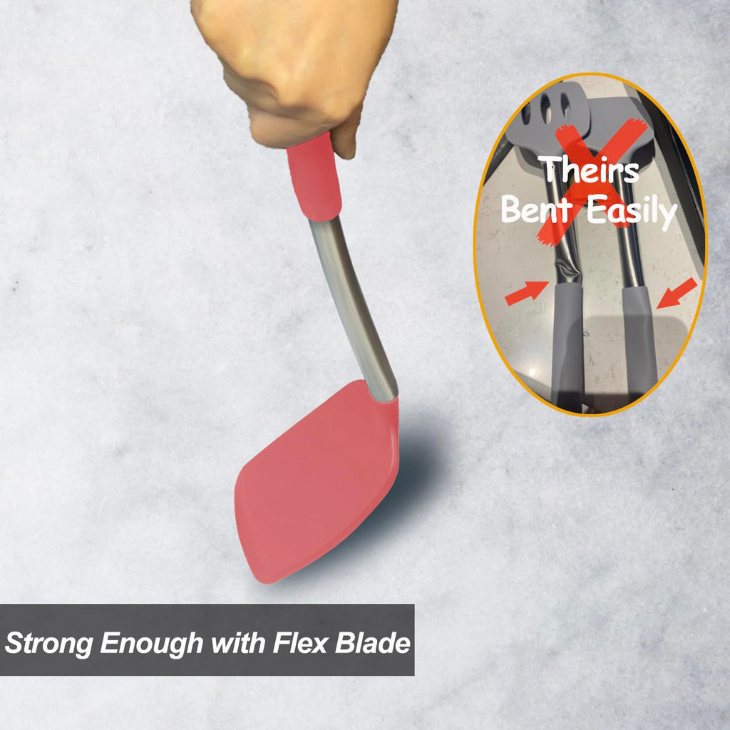 2 Pack Spatulas, Solid & Slotted Silicone Spatula Set, Stainless Steel Handle Coated with Silicone, Non Stick Turners, Heat Resistant Rubber Spatulas for Fish, Eggs, Pancakes, WOK, Black