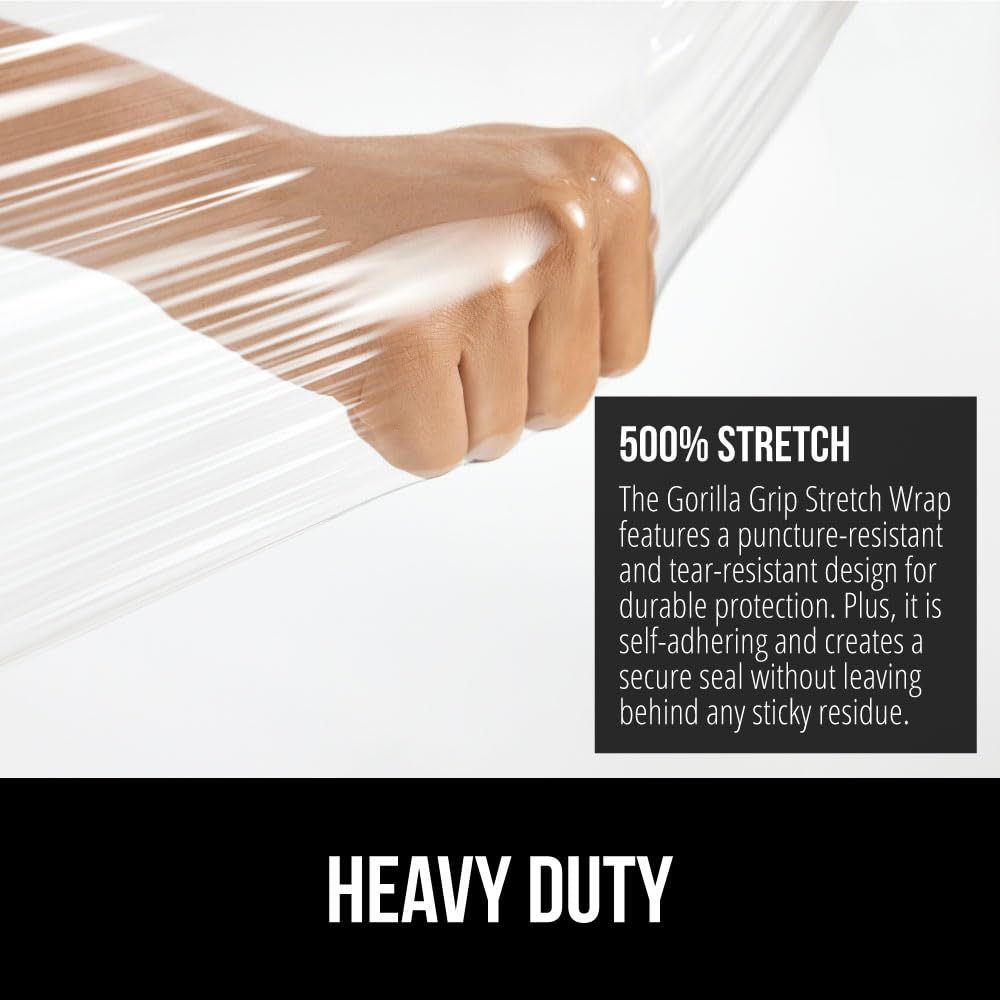 GORILLA GRIP 500% Stretch Film Heavy Duty Plastic, 1000ft Shrink Wrap Roll 17" Puncture Resistant, Industrial Strength for Shipping, Pallet Storing, Moving, Packing Furniture Protection 1 Pack Clear