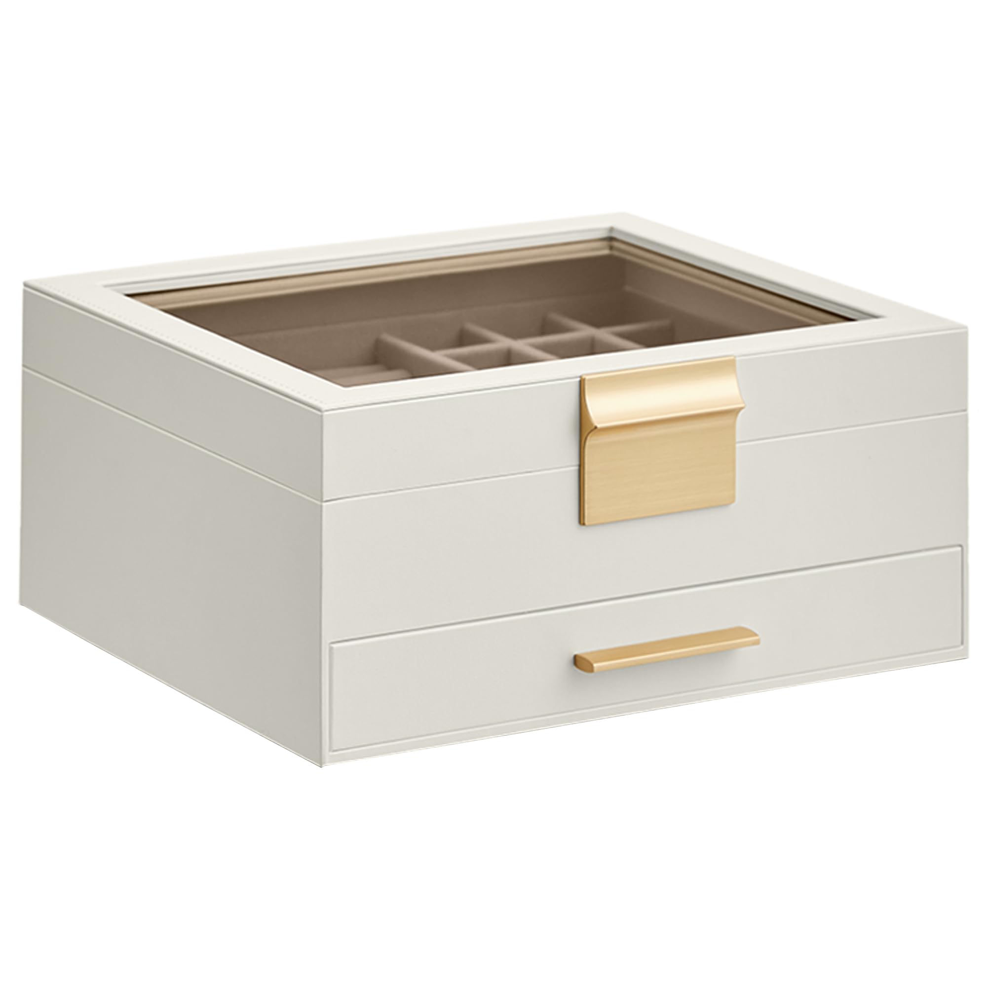 SONGMICS GISELLA Collection - Jewelry Box Organizer, 3-Layer Jewelry Storage with 2 Drawers, Shiny Metal Hardware, Glass Lid, Modern, 8 x 9.1 x 5.3 Inches, Cloud White and Gold Color UJBC239WT