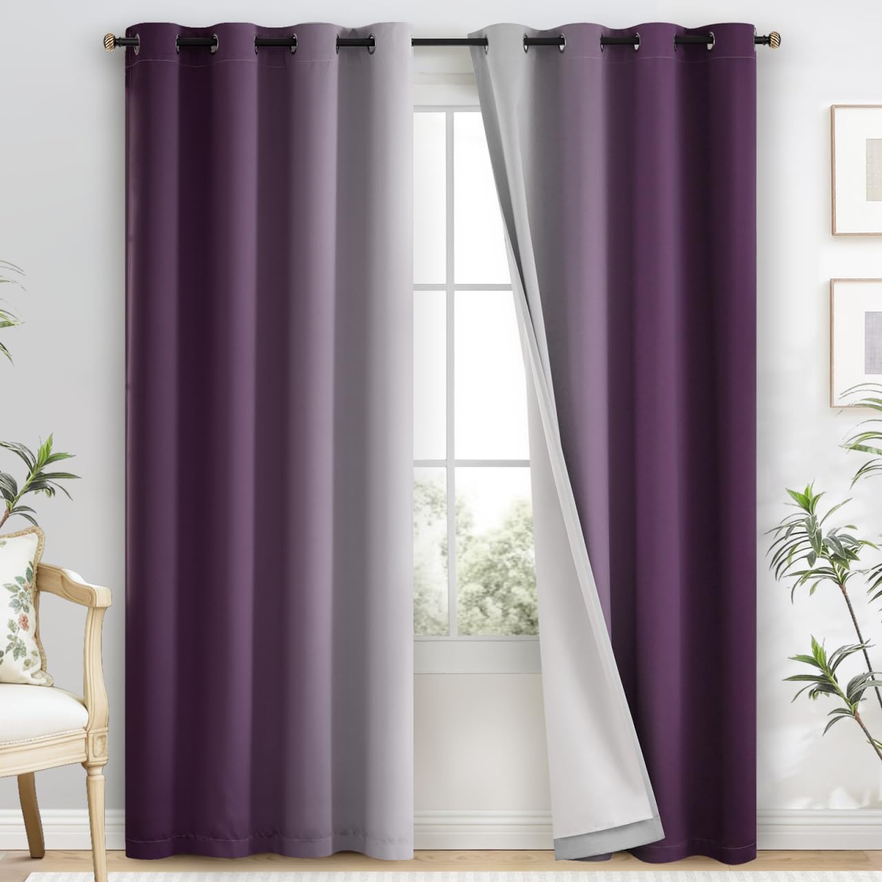 Yakamok Blue and Greyish White Ombre Curtains, Room Darkening Gradient Color Curtains for Bedroom, Light Blocking Thermal Insulated Window Drapes for Living Room(2 Panels, 52x84 Inch)