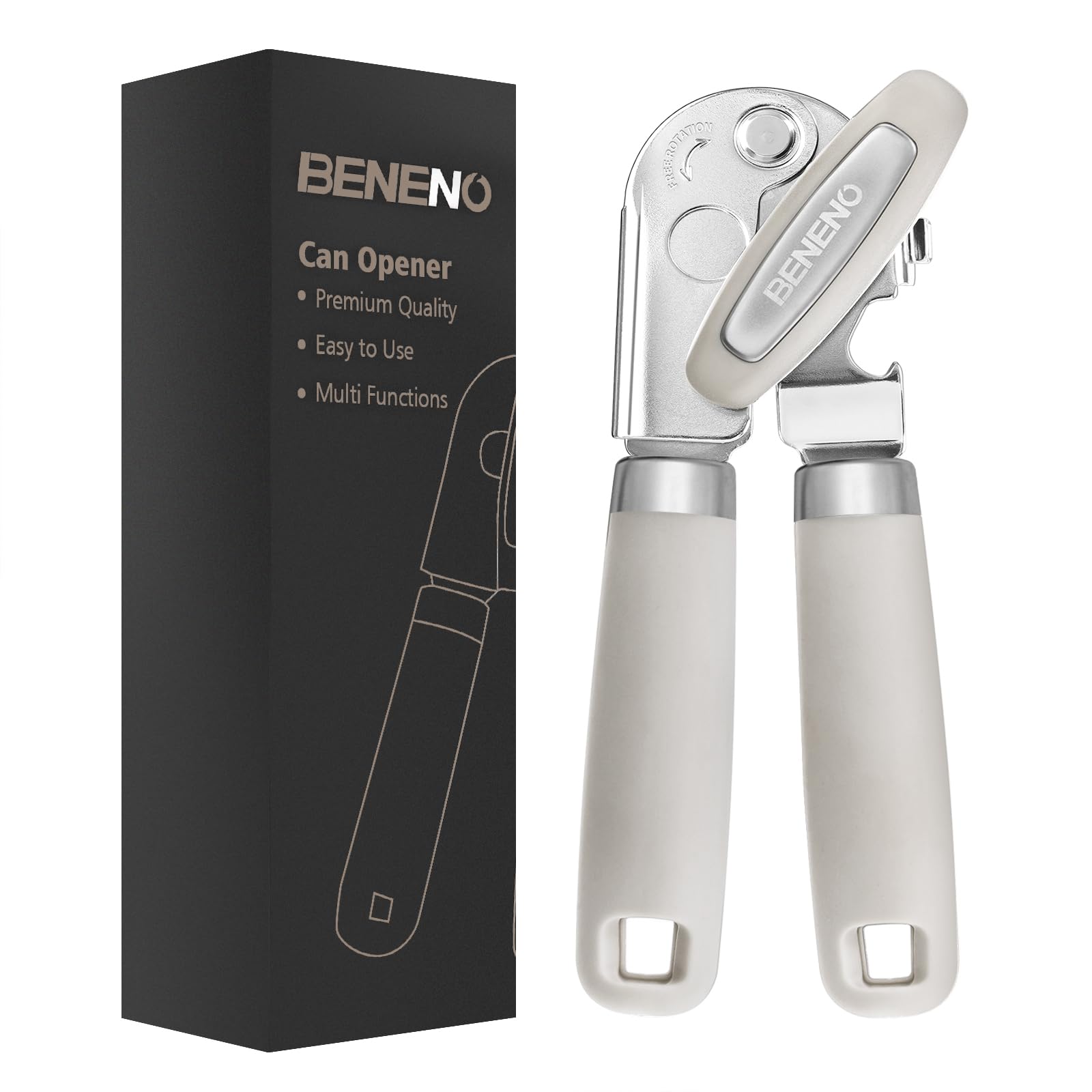 Beneno Heavy Duty Hand Can Opener Manual with Magnet, Durable Sharp Carbon Steel Blade Smooth Cutting, Big Effort-Saving Knob & Soft Grip Handle, Multifunctional Kitchen Tool with Bottle Opener, Green