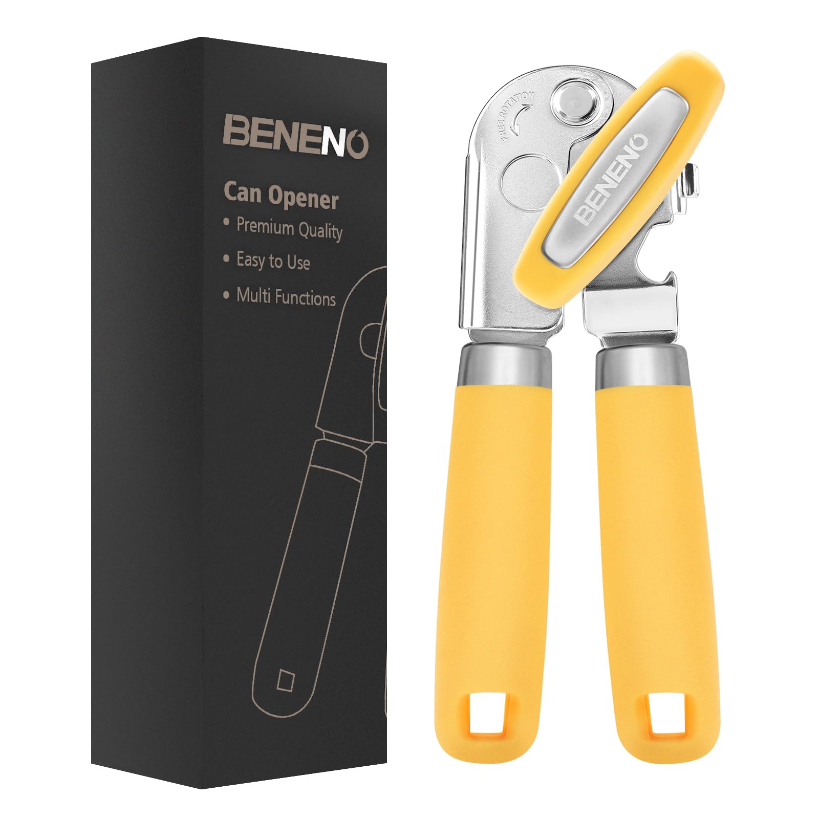 Beneno Heavy Duty Hand Can Opener Manual with Magnet, Durable Sharp Carbon Steel Blade Smooth Cutting, Big Effort-Saving Knob & Soft Grip Handle, Multifunctional Kitchen Tool with Bottle Opener, Green