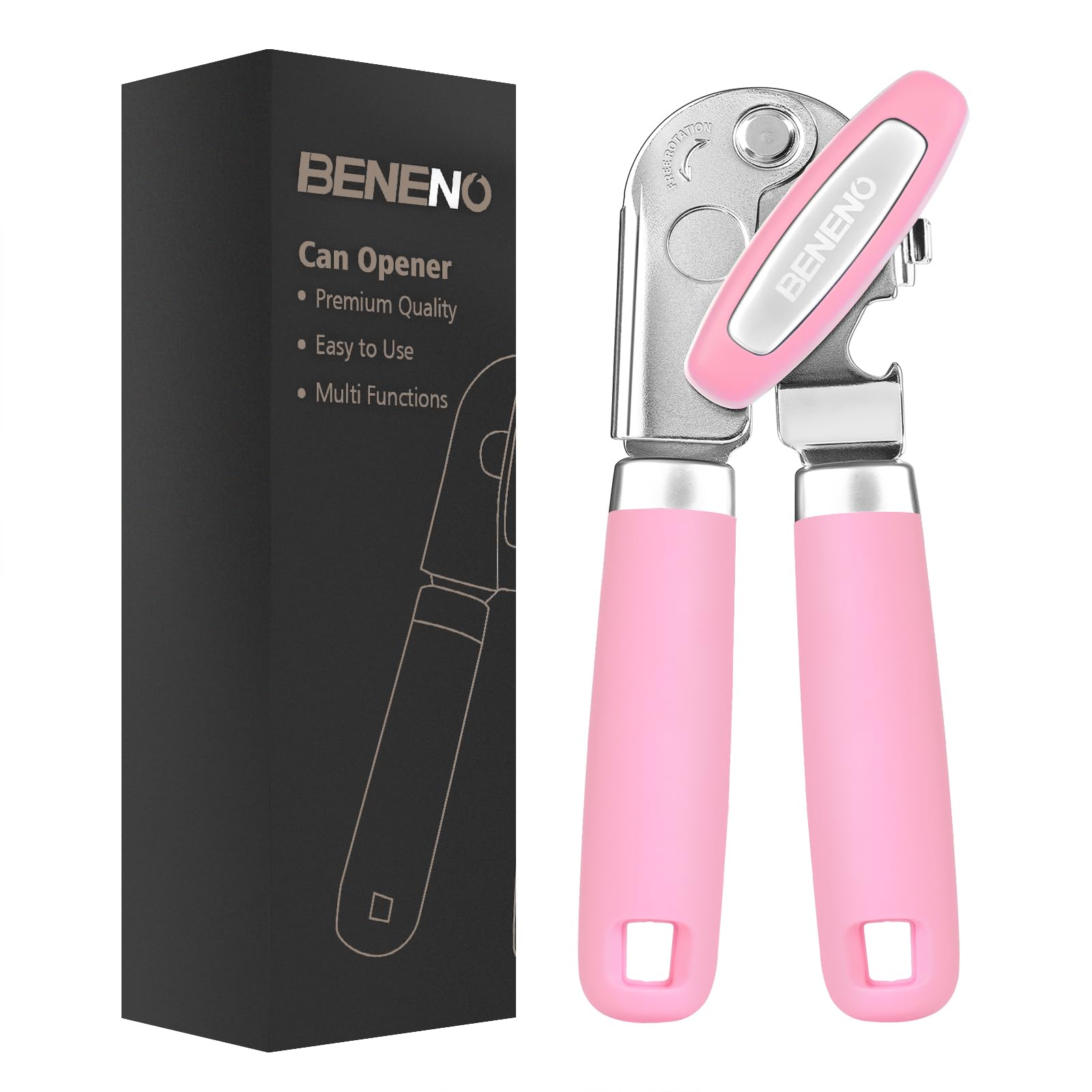 Beneno Heavy Duty Hand Can Opener Manual with Magnet, Durable Sharp Carbon Steel Blade Smooth Cutting, Big Effort-Saving Knob & Soft Grip Handle, Multifunctional Kitchen Tool with Bottle Opener, Green