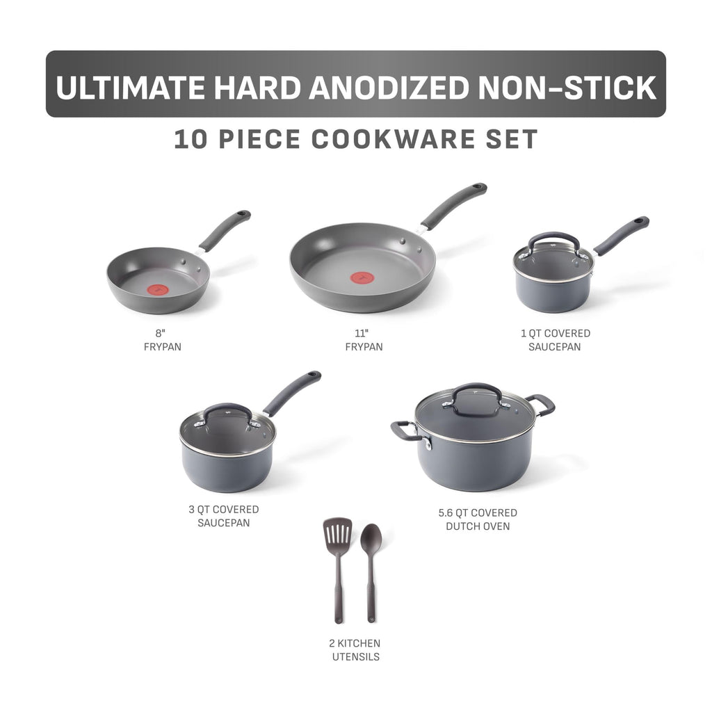 T-Fal Ultimate Hard Anodized Nonstick Pots and Pans Set 17 Piece, Nonstick Cookware Set with Fry Pan, Saucepans, Saute-Pan, Griddle, Dishwasher Safe, Onyx