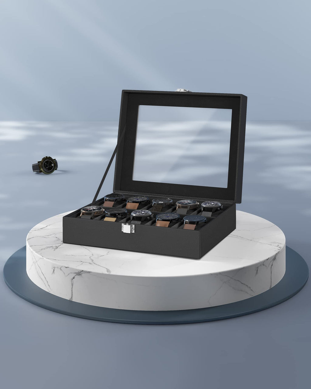 SONGMICS Watch Box, 12-Slot Watch Case Organizer with Large Glass Lid, Removable Pillows, Gift for Loved Ones, Black Synthetic Leather, Gray Lining UJWB12BK