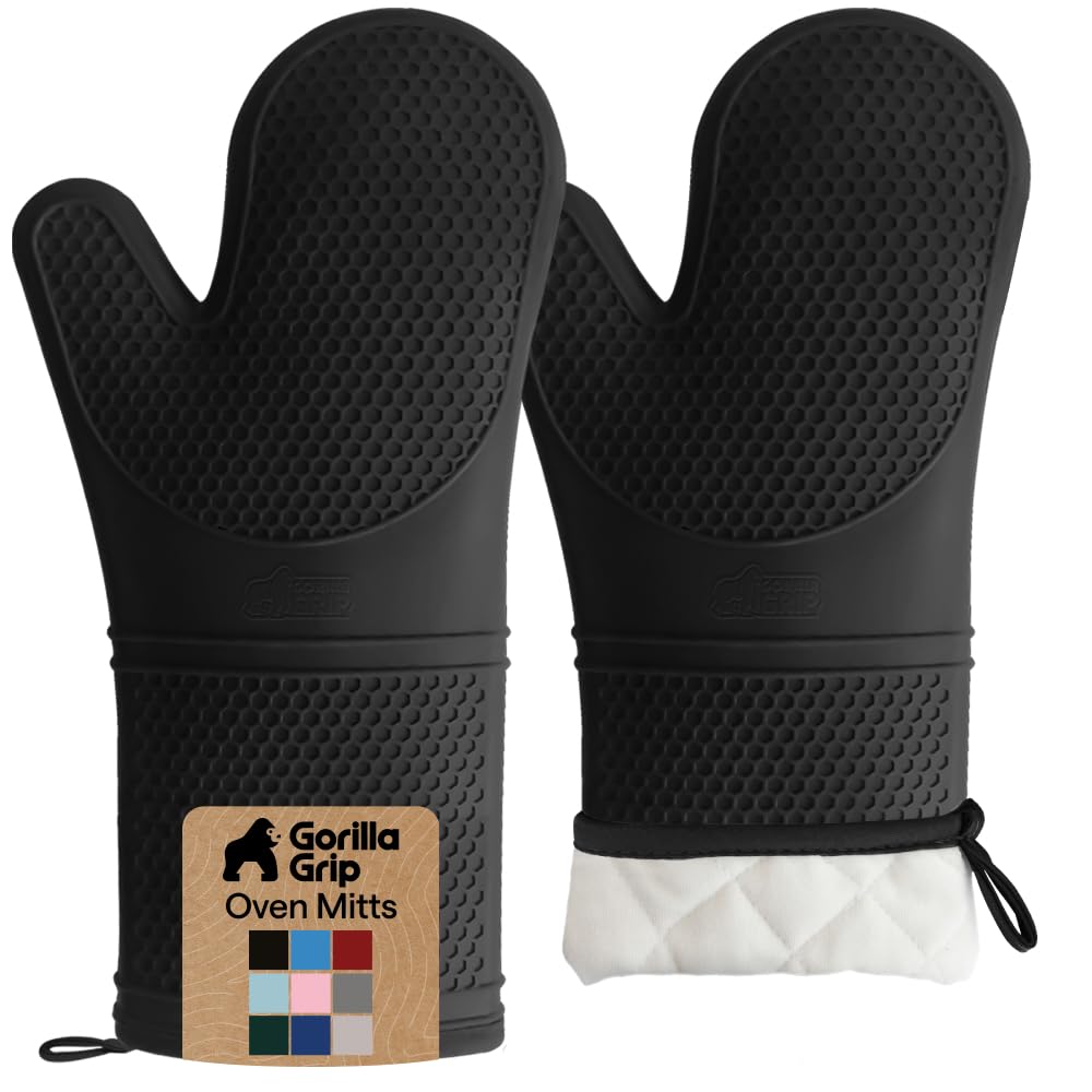 GORILLA GRIP BPA-Free Soft Silicone Oven Mitts, Heat Resistant and Waterproof Cooking Safety Gloves, Thick Cotton Lining, Flexible Gripping, Kitchen Potholders Set, for Grilling, BBQ, 12.5x8.3, Black