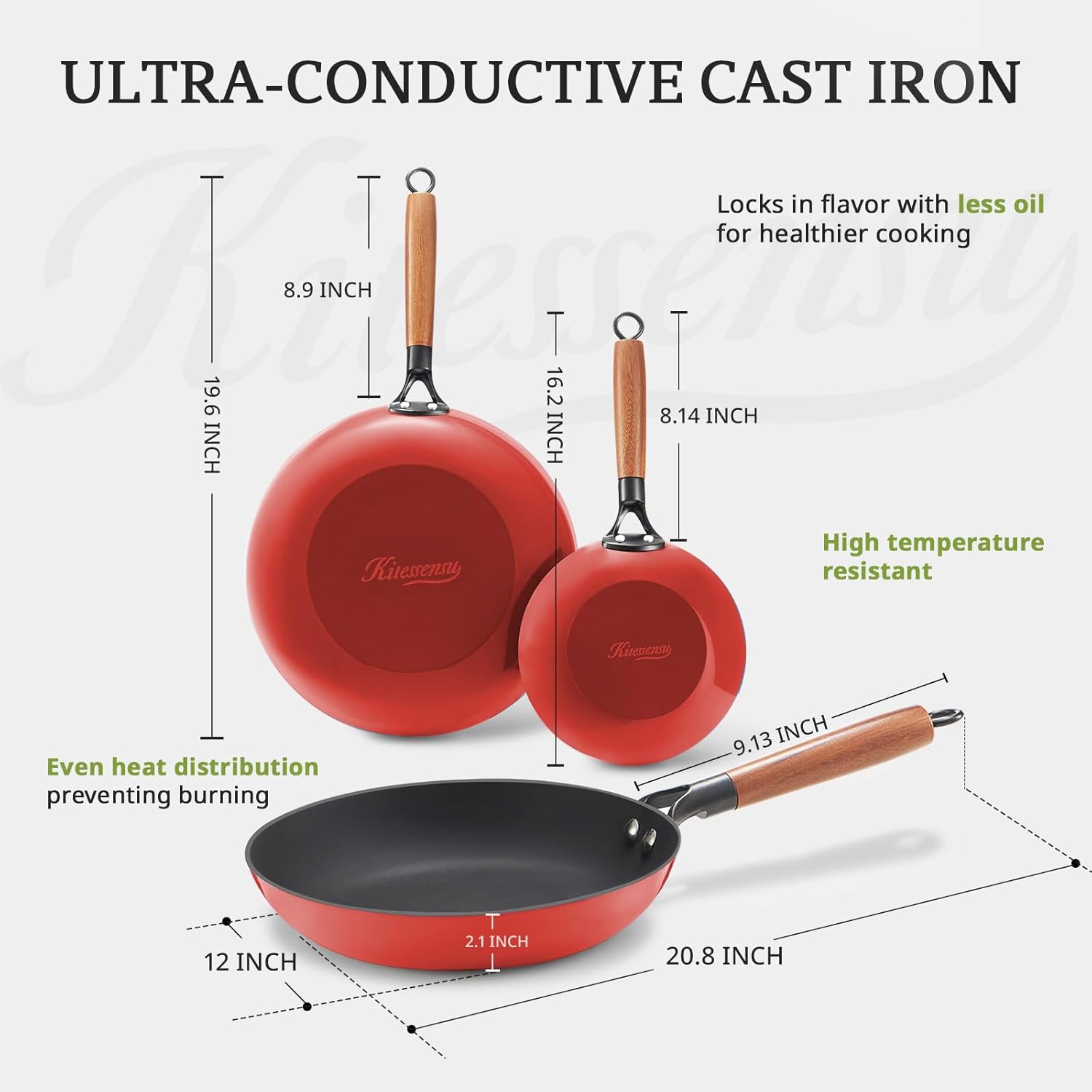 KITESSENSU Enameled Cast Iron Skillets - Non Stick Frying Pans Set with Durable Wooden Handle - 8&10&12 Inch Cast Iron Pans for Multi-Cooking - Pre Seasoned Cookware Set - Gradual Burgundy Red