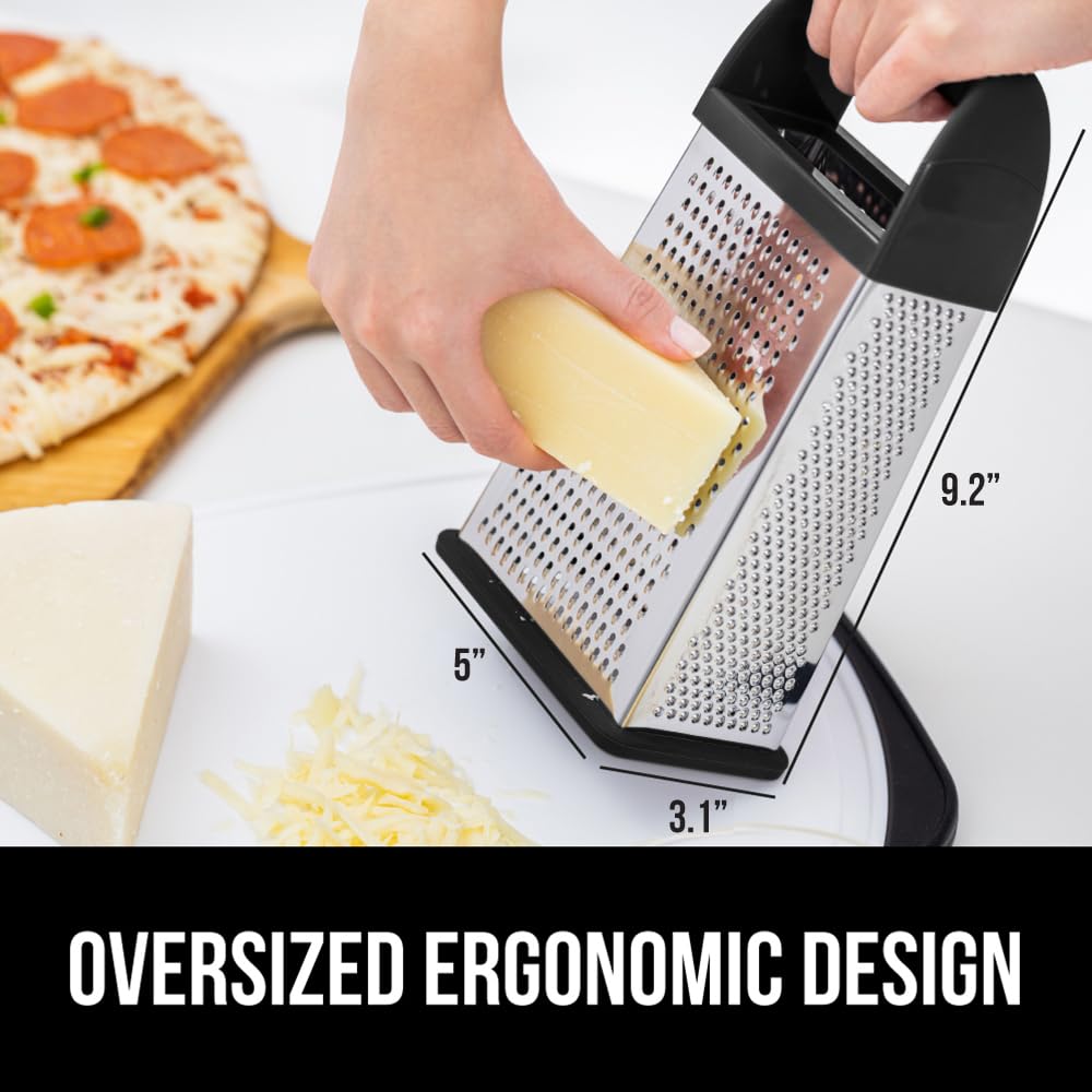 GORILLA GRIP 4-Sided Stainless Steel Cheese Grater With Container, 100% BPA-Free Box Grater, Slip Resistant Base and Handle, Grate Parmesan, Hard Cheeses, Shred Vegetables, Dishwasher Safe, Black