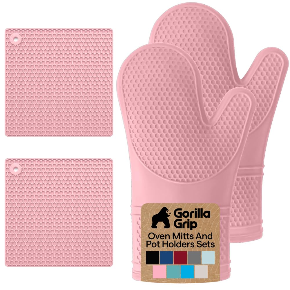 GORILLA GRIP BPA-Free Soft Silicone Oven Mitts, Heat Resistant and Waterproof Cooking Safety Gloves, Thick Cotton Lining, Flexible Gripping, Kitchen Potholders Set, for Grilling, BBQ, 12.5x8.3, Black