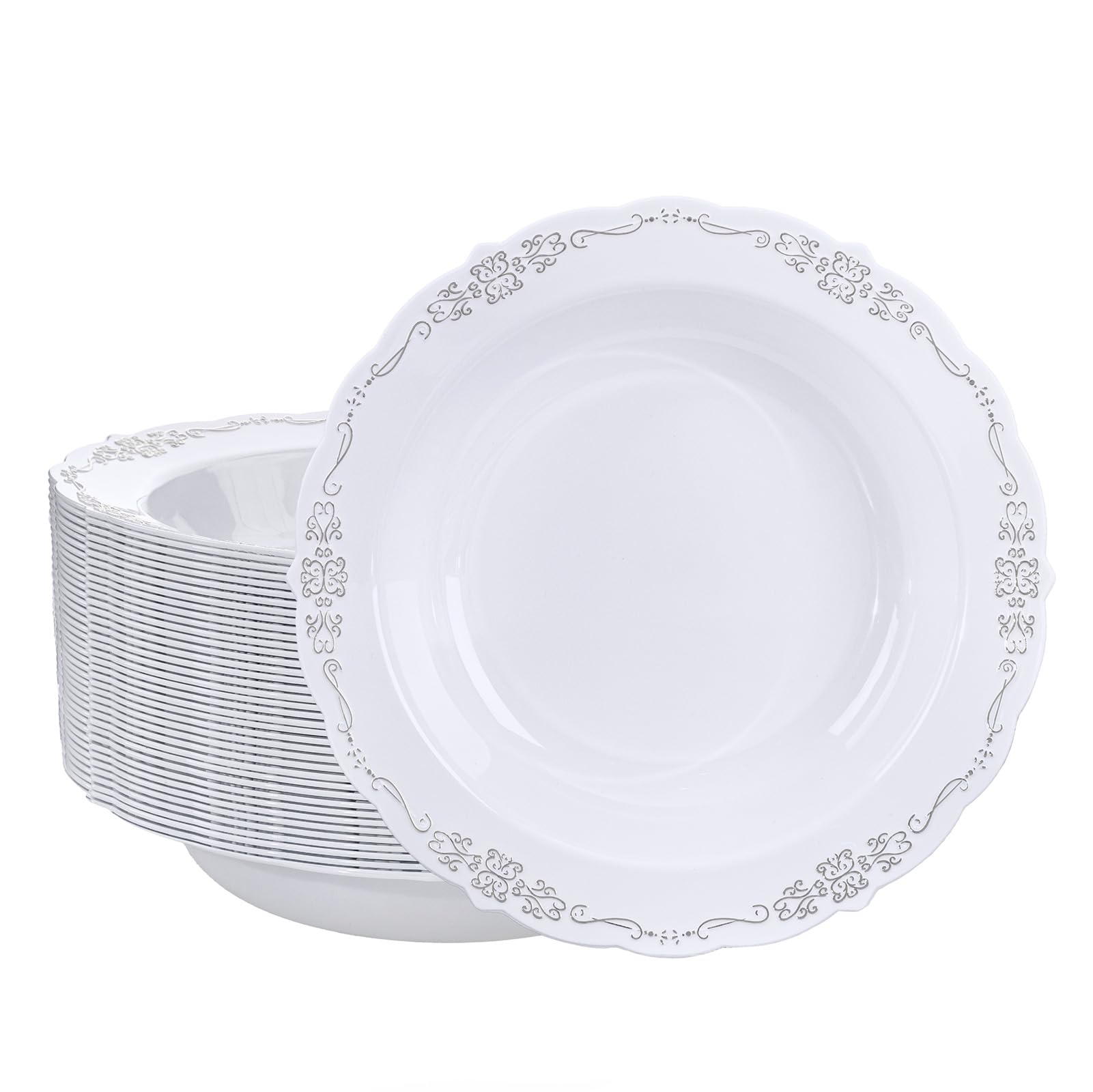 DaYammi 50 Pack White Plastic Bowls, 12oz Disposable Soup Bowls, White bowls Disposable Heavy Duty Dinner Bowls for Weddings, Salad Bowl for Parties, Dinners, Catering and Everyday Use