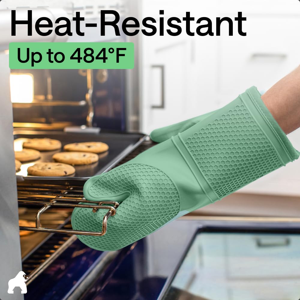 GORILLA GRIP BPA-Free Soft Silicone Oven Mitts, Heat Resistant and Waterproof Cooking Safety Gloves, Thick Cotton Lining, Flexible Gripping, Kitchen Potholders Set, for Grilling, BBQ, 12.5x8.3, Black
