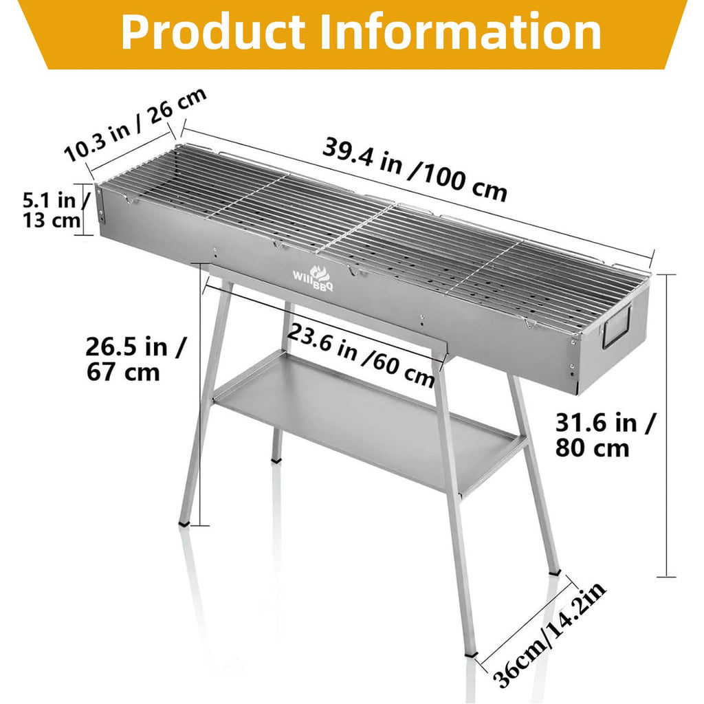 WILLBBQ Charcoal Grill Tailgate Parties, Patio, Beach Barbecues, Backyard Gatherings,Alloy Steel BBQ Barbecue Outdoor Grilling with Durable Support Frame and Dual Adjustable Vents (31.6x7.1x5.1 inch)
