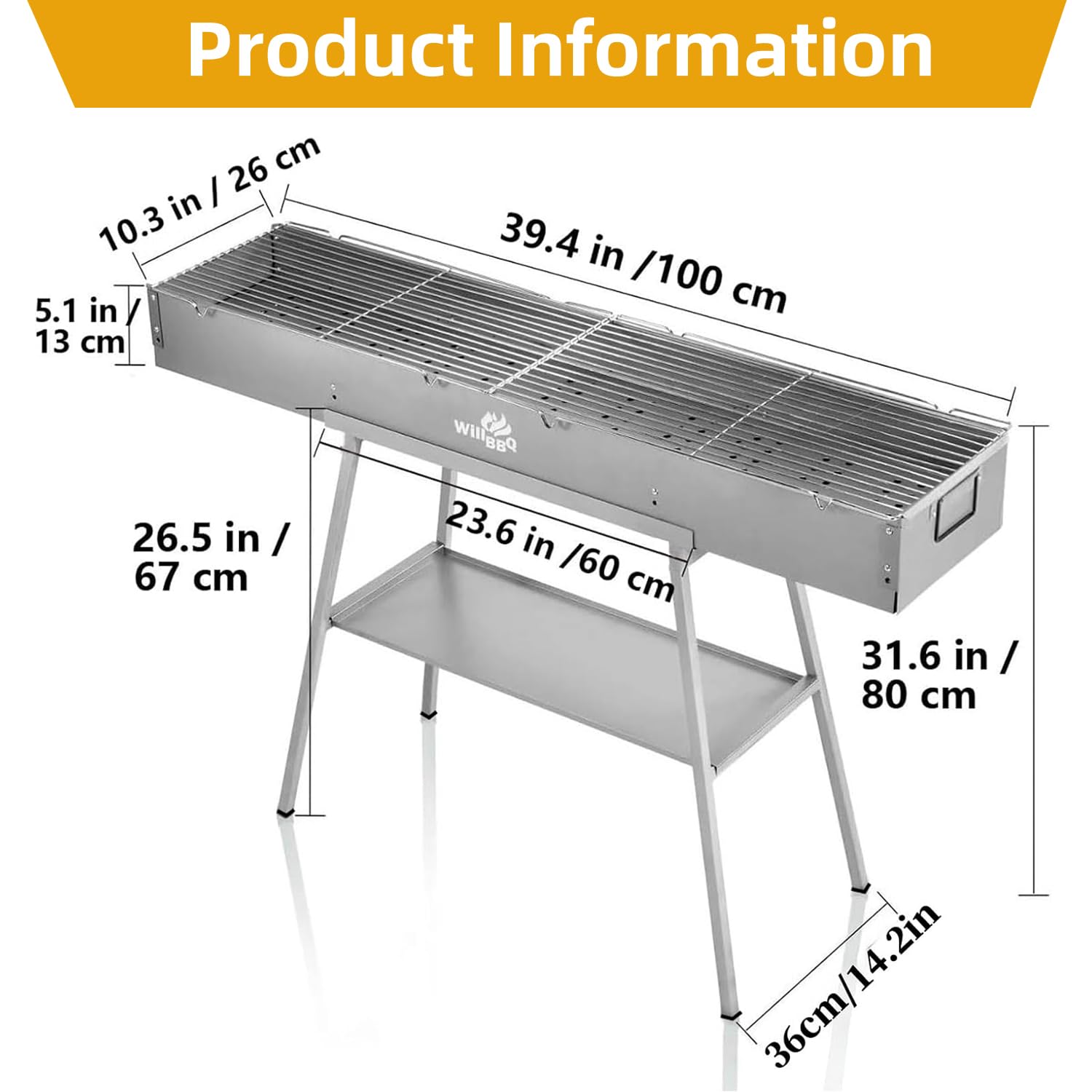WILLBBQ Charcoal Grill Tailgate Parties, Patio, Beach Barbecues, Backyard Gatherings,Alloy Steel BBQ Barbecue Outdoor Grilling with Durable Support Frame and Dual Adjustable Vents (31.6x7.1x5.1 inch)