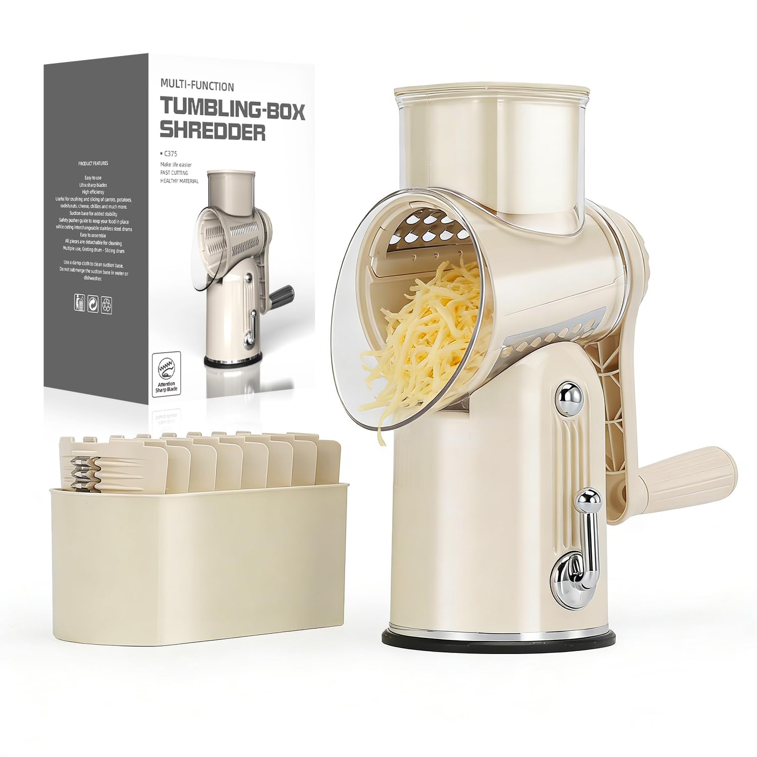 KEOUKE Rotary Cheese Grater 5 in 1 Green - Hand Crank Vegetable Cutter, Shredder, Slicer, Enlarge Input, Suction Base, Labor-Saving Handle, Blade Storage Box, for Onion, Potato, Vegetable, Nuts, etc