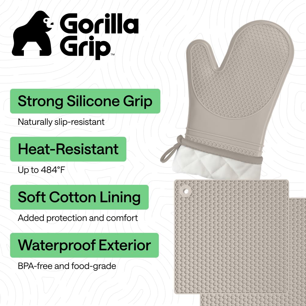 GORILLA GRIP BPA-Free Soft Silicone Oven Mitts, Heat Resistant and Waterproof Cooking Safety Gloves, Thick Cotton Lining, Flexible Gripping, Kitchen Potholders Set, for Grilling, BBQ, 12.5x8.3, Black