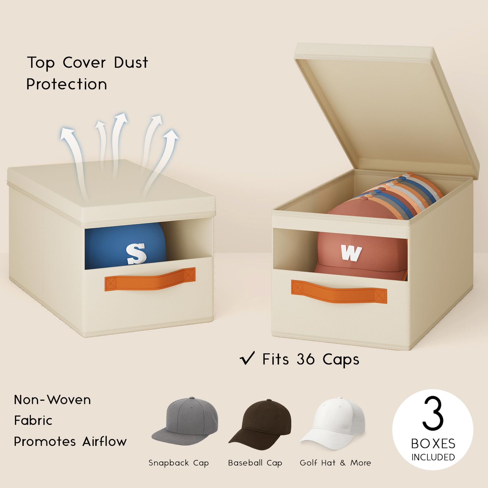 Homsorout Hat Organizer for Baseball Caps - 3 Pack Stackable Foldable Protective Lids Hat Storage Box with Clear Window Baseball cap organizer for Closet, Bedroom, Rv, Grey
