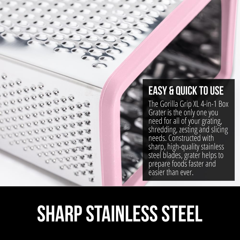 GORILLA GRIP 4-Sided Stainless Steel Cheese Grater With Container, 100% BPA-Free Box Grater, Slip Resistant Base and Handle, Grate Parmesan, Hard Cheeses, Shred Vegetables, Dishwasher Safe, Black