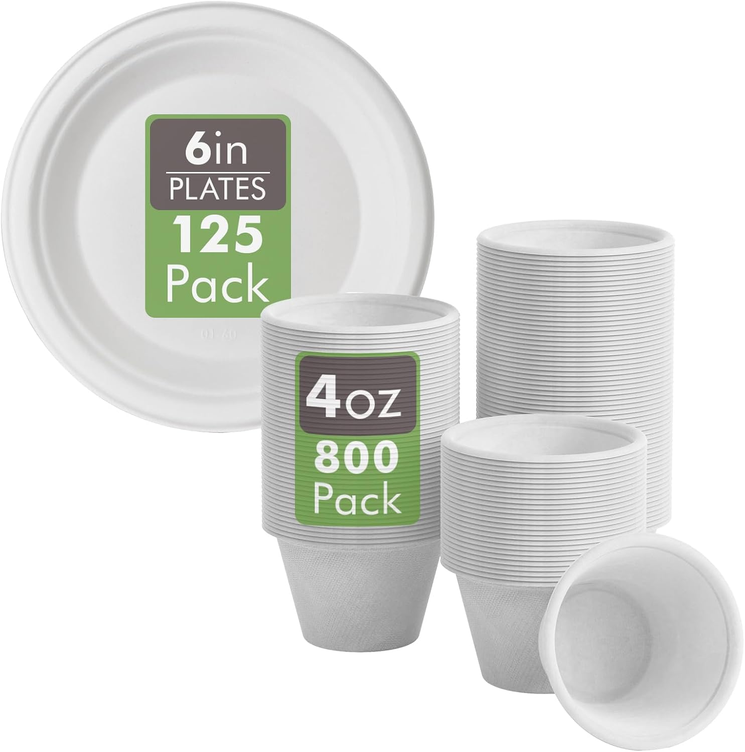 Vplus 125 Pack Compostable Disposable Paper Plates 6 inch and 800 Pack 4 OZ Disposable Souffle Cups