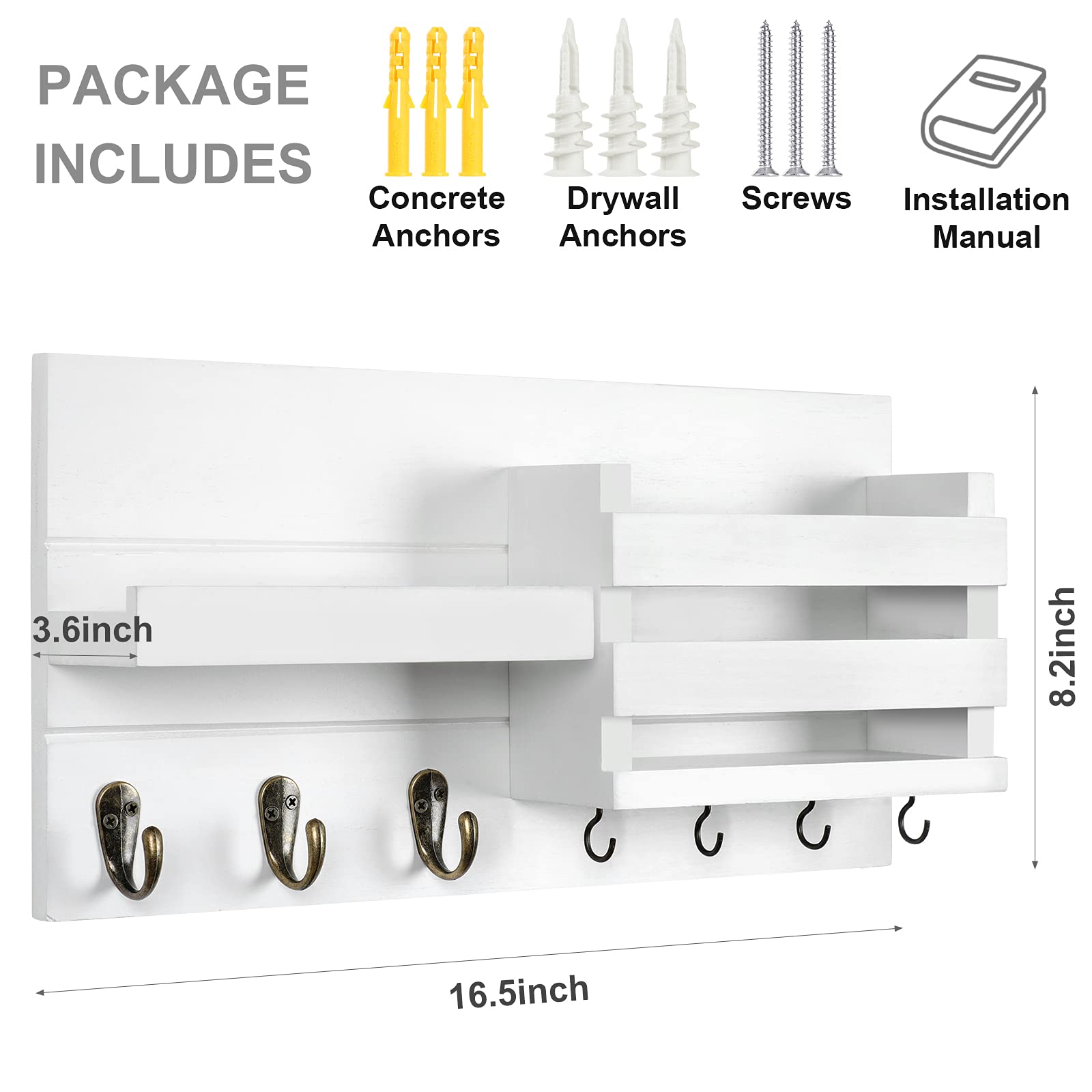 Mail Organizer for Wall Mount – Key Holder with Shelf Includes Letter Holder and Hooks for Coats, Dog Leashes – Rustic Wood with Flush Mounting Hardware (16.5” x 8.7” x 3.5”)