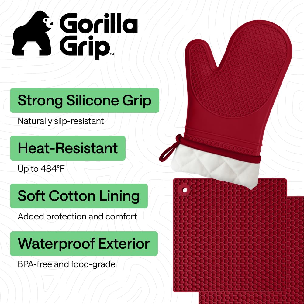 GORILLA GRIP BPA-Free Soft Silicone Oven Mitts, Heat Resistant and Waterproof Cooking Safety Gloves, Thick Cotton Lining, Flexible Gripping, Kitchen Potholders Set, for Grilling, BBQ, 12.5x8.3, Black