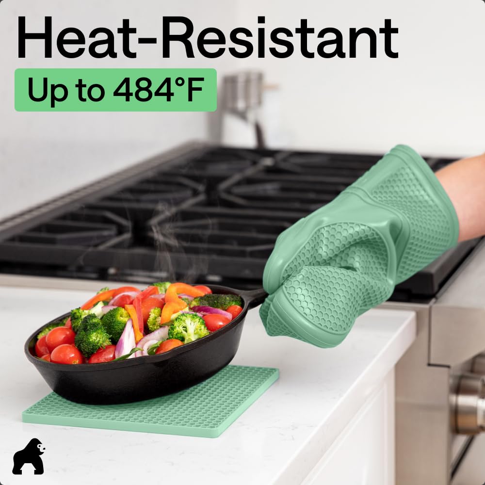 GORILLA GRIP BPA-Free Soft Silicone Oven Mitts, Heat Resistant and Waterproof Cooking Safety Gloves, Thick Cotton Lining, Flexible Gripping, Kitchen Potholders Set, for Grilling, BBQ, 12.5x8.3, Black