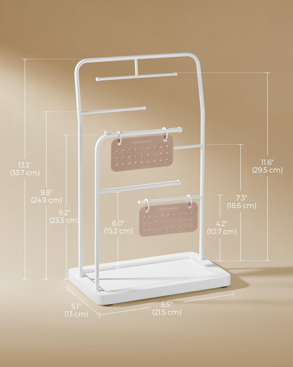SONGMICS Jewelry Stand, Jewelry Organizer, Jewelry Display Holder with Metal Frame, 2 Earring Boards, 6 Hanging Rods, Necklace Earring Bracelet Holder, for Rings, Cloud White UJJS024W01