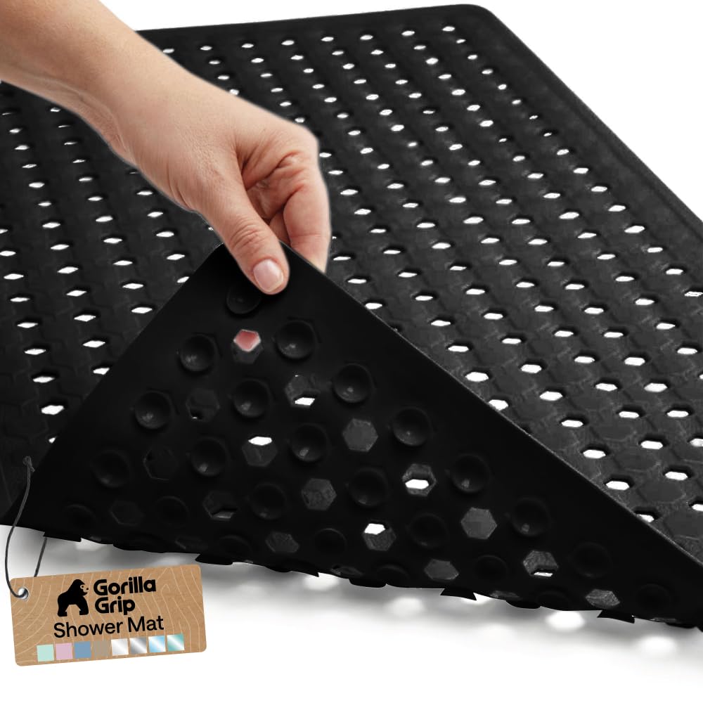 GORILLA GRIP Patented Bath Tub Shower Mat, Machine Washable Bathtub Floor Liner Mats, Suction Cups and Drain Holes to Keep Tubs Clean, Soft on Feet, Bathroom Essentials, 35x16 Inch, Clear