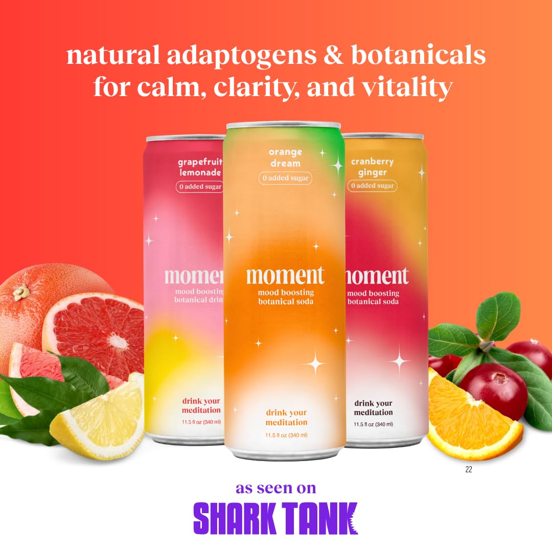 Moment Botanical Soda (Shark Tank) - Calm, Clarity & Relaxation with L-Theanine & Ashwagandha - Non Alcoholic Drinks for Adults - Sparkling Adaptogen Drink - 0 Sugar 0 Caffeine - 12 Pack 11.5 fl oz