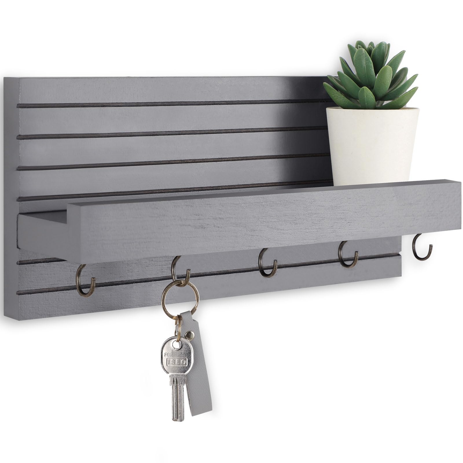 Decorative Key Holder for Wall with Shelf, Entryway Shelf with Hooks Holds Leashes, Jackets and Glasses – Sturdy Wood Keyholder Entrance Hanger with Mounting Hardware (Black, Medium)