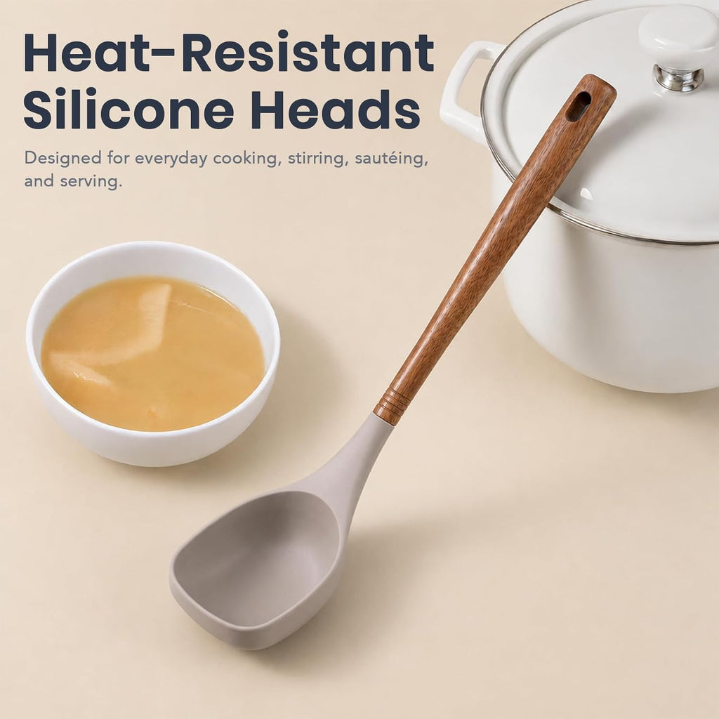 5-Piece Silicone Kitchen Utensil Set with Acacia Wood Handles, Brown