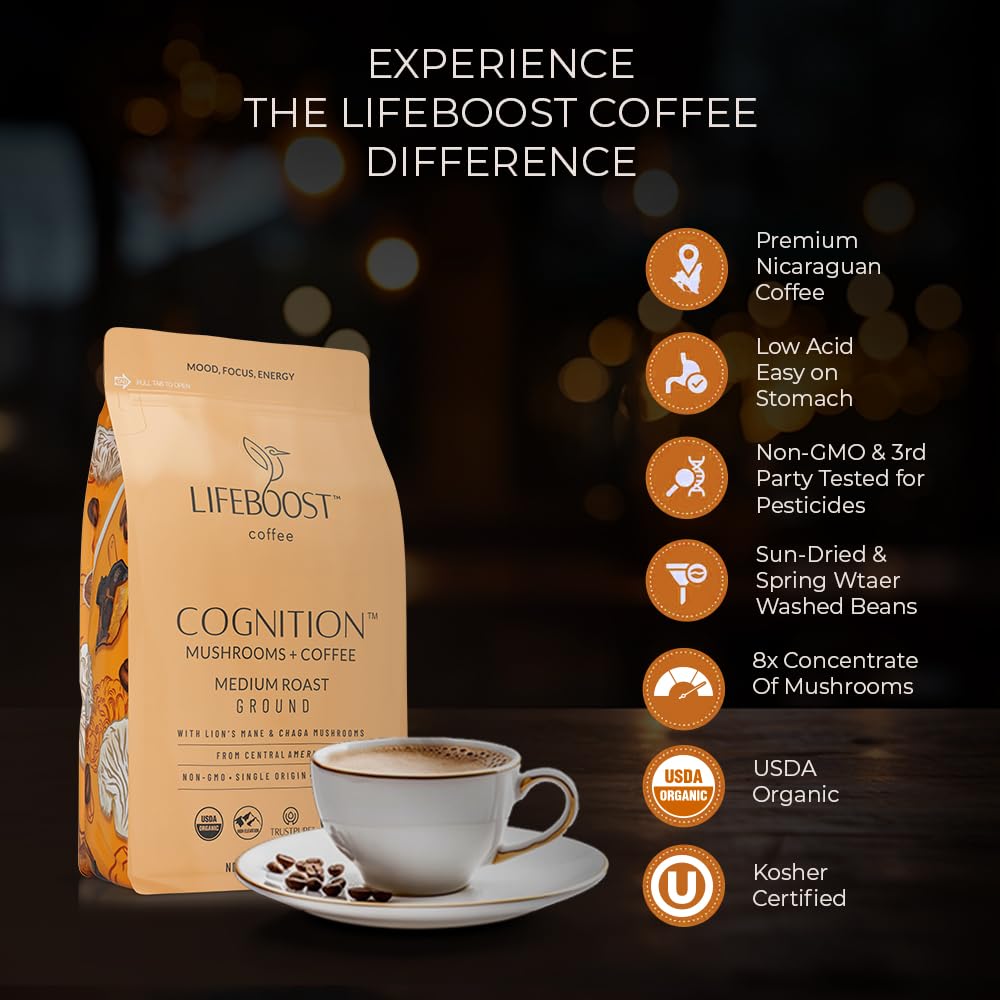 Lifeboost Cognition Mushroom Ground Coffee, Organic Low Acid, 12oz