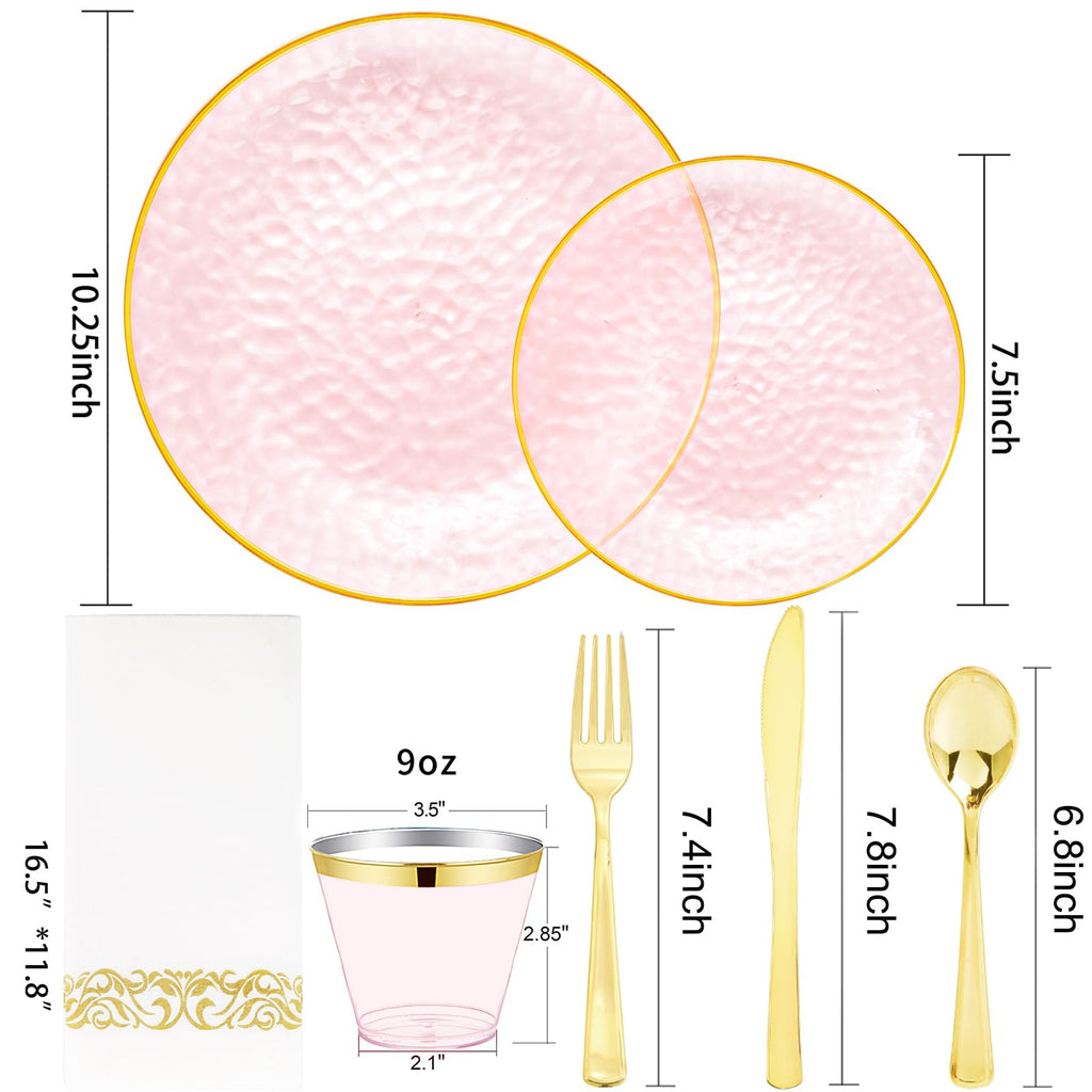 DaYammi 350PCS Clear Gold Plastic Dinnerware Set for 50 Guests, Hammered Disposable Plates for Party, Include: 50 Dinner Plates, 50 Dessert Plates, 150 Gold Silverware, 50 Napkins, 50 Cups