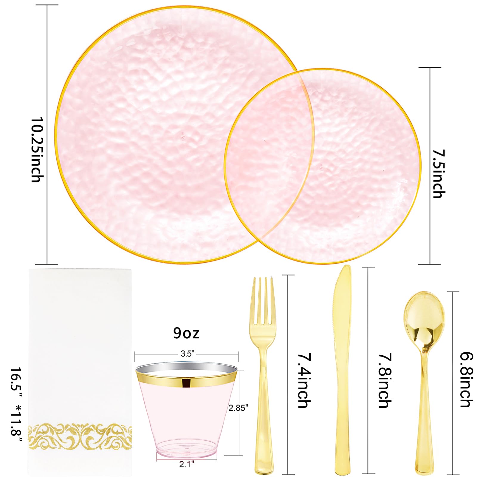DaYammi 350PCS Clear Gold Plastic Dinnerware Set for 50 Guests, Hammered Disposable Plates for Party, Include: 50 Dinner Plates, 50 Dessert Plates, 150 Gold Silverware, 50 Napkins, 50 Cups