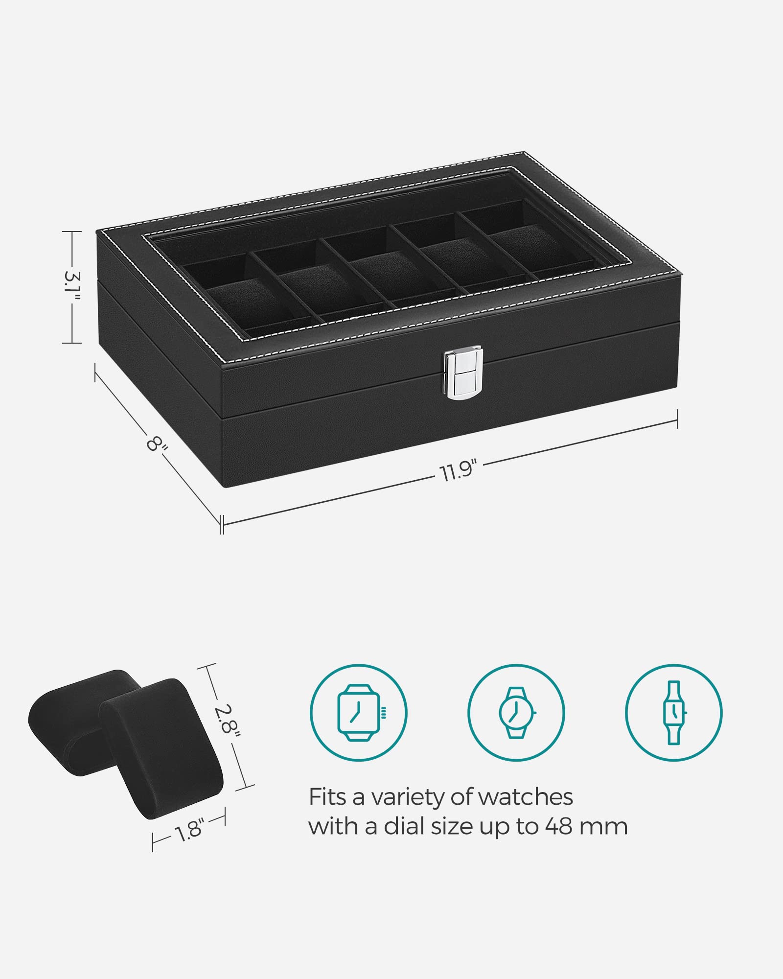 SONGMICS Watch Box, 12-Slot Watch Case Organizer with Large Glass Lid, Removable Pillows, Gift for Loved Ones, Black Synthetic Leather, Gray Lining UJWB12BK